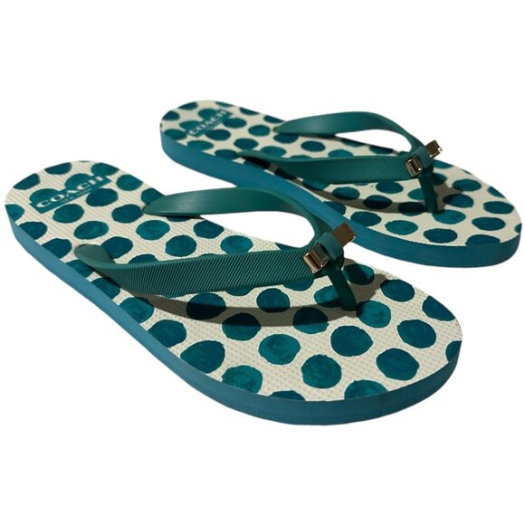 Coach Flip Flops Women Size 5/6 Green Dot Bow Flat Slip On Thong Sandal New York - Picture 5 of 16